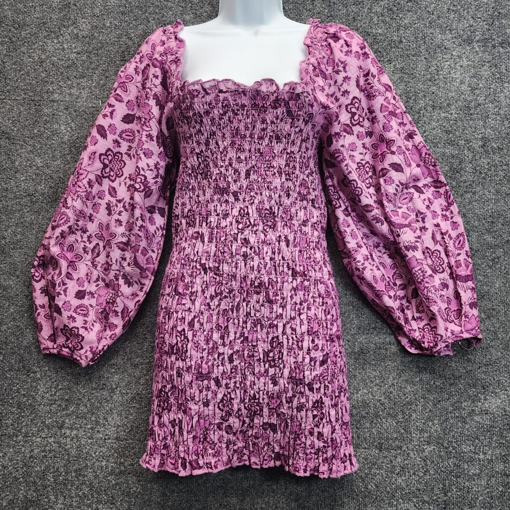 NWT Free People Smock It To Me Womens Smocked Puff Sleeve Boho Mini Dress M